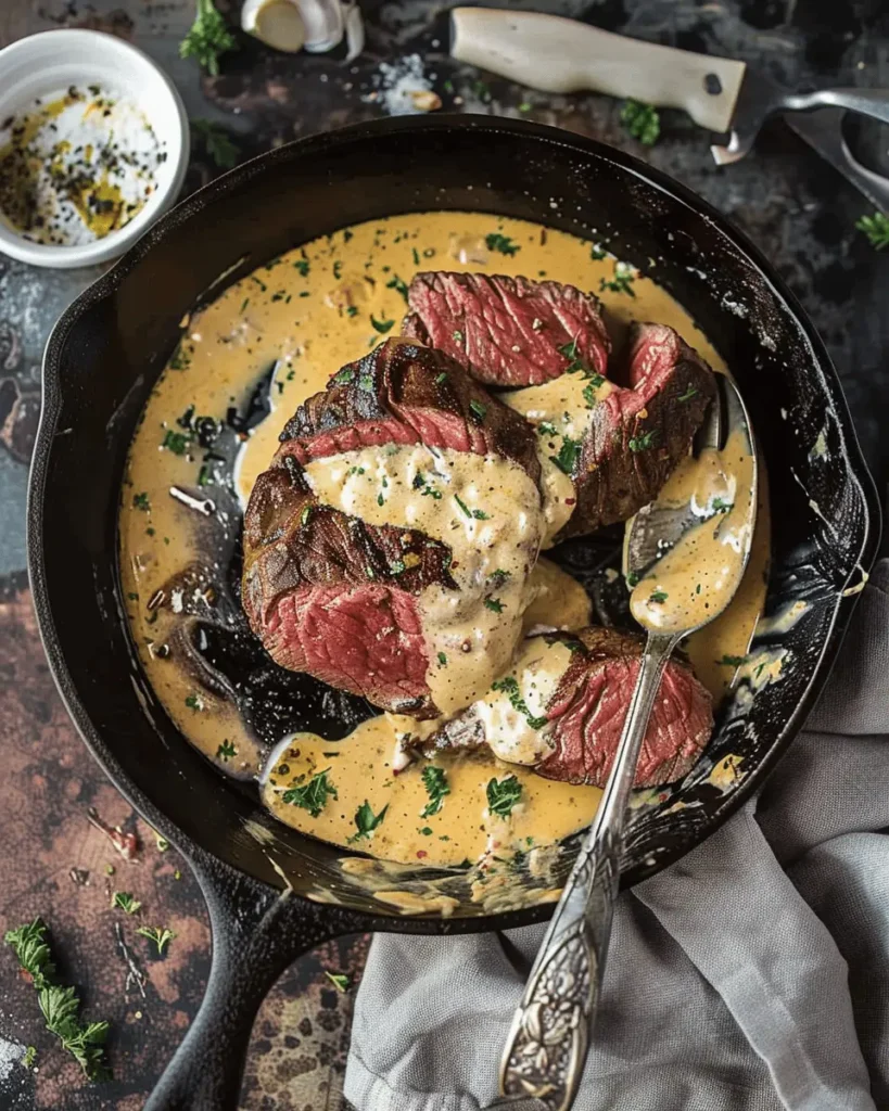 Cast Iron Bavette Steak with Whiskey Garlic Cream Sauce