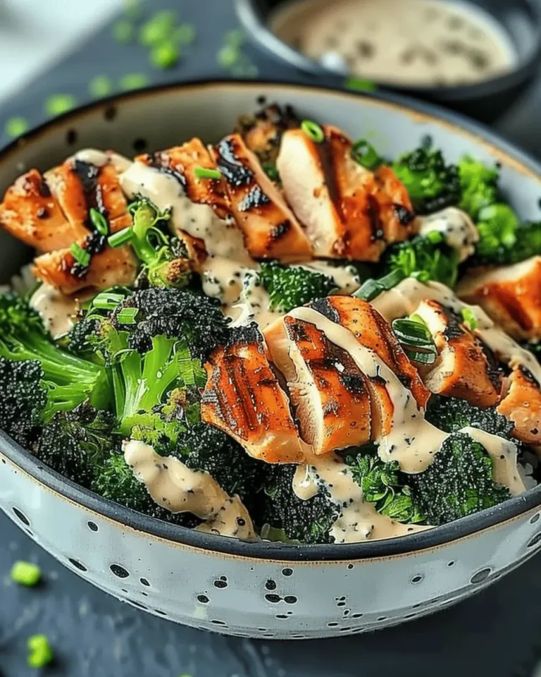 Grilled Chicken & Broccoli Bowls with Creamy Garlic Sauce