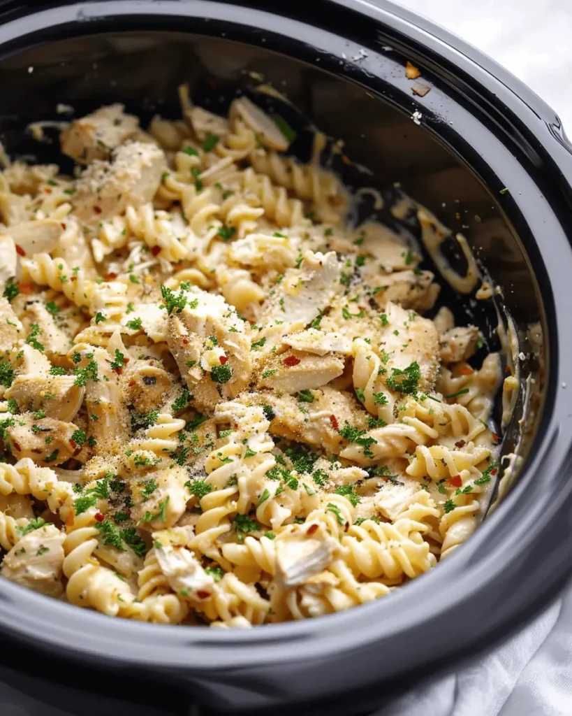 Crockpot Parmesan Garlic Chicken Pasta