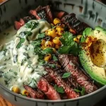 Steak, Avocado, and Roasted Corn Bowl with Cilantro Cream Sauce