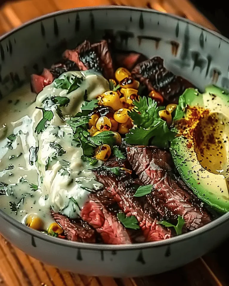 Steak, Avocado, and Roasted Corn Bowl with Cilantro Cream Sauce