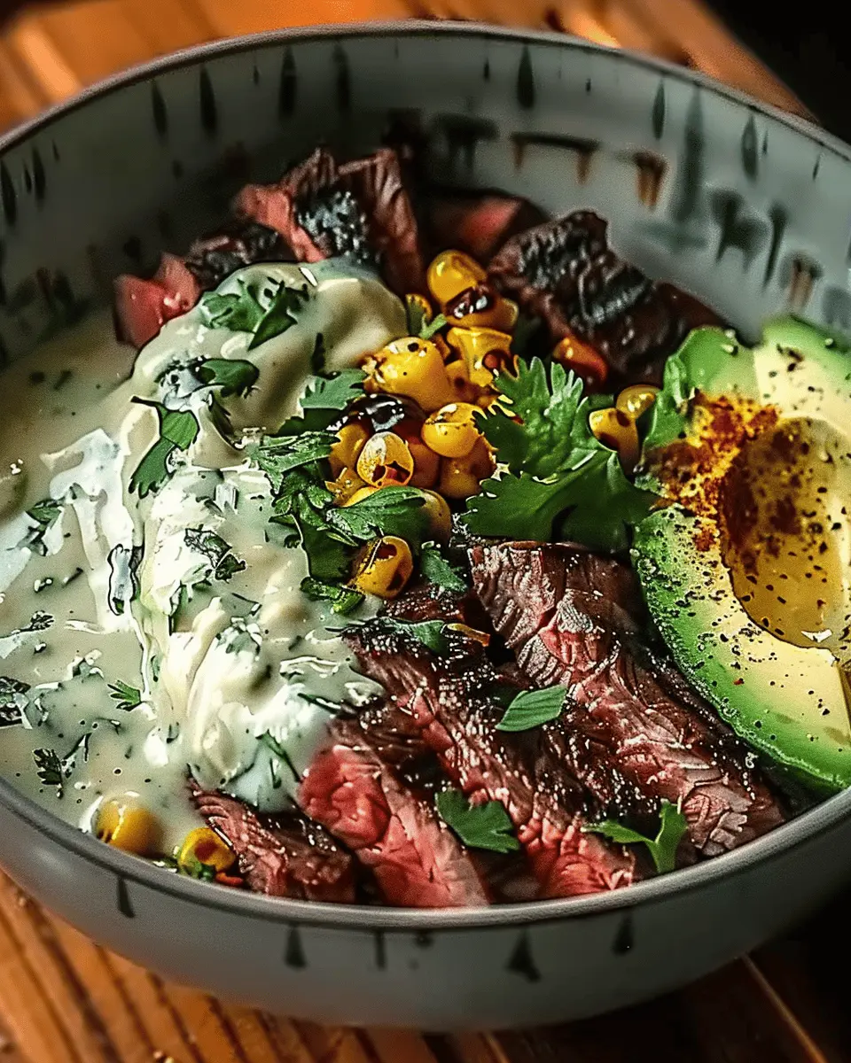 Steak, Avocado, and Roasted Corn Bowl: Easy Cilantro Cream Sauce
