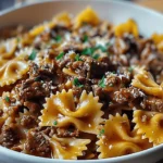 Cheesy Beef and Bowtie Pasta in Garlic Butter