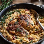 Easy Cheap Dinner Ideas : One Skillet Creamy Sun-Dried Tomato Chicken and Orzo.