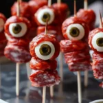 Easy Halloween food ideas : Skewered Salami Eyeballs