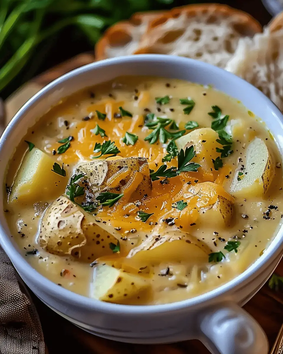 easy soup recipes: Hearty Cheddar Garlic Turkey Bacon Potato Soup