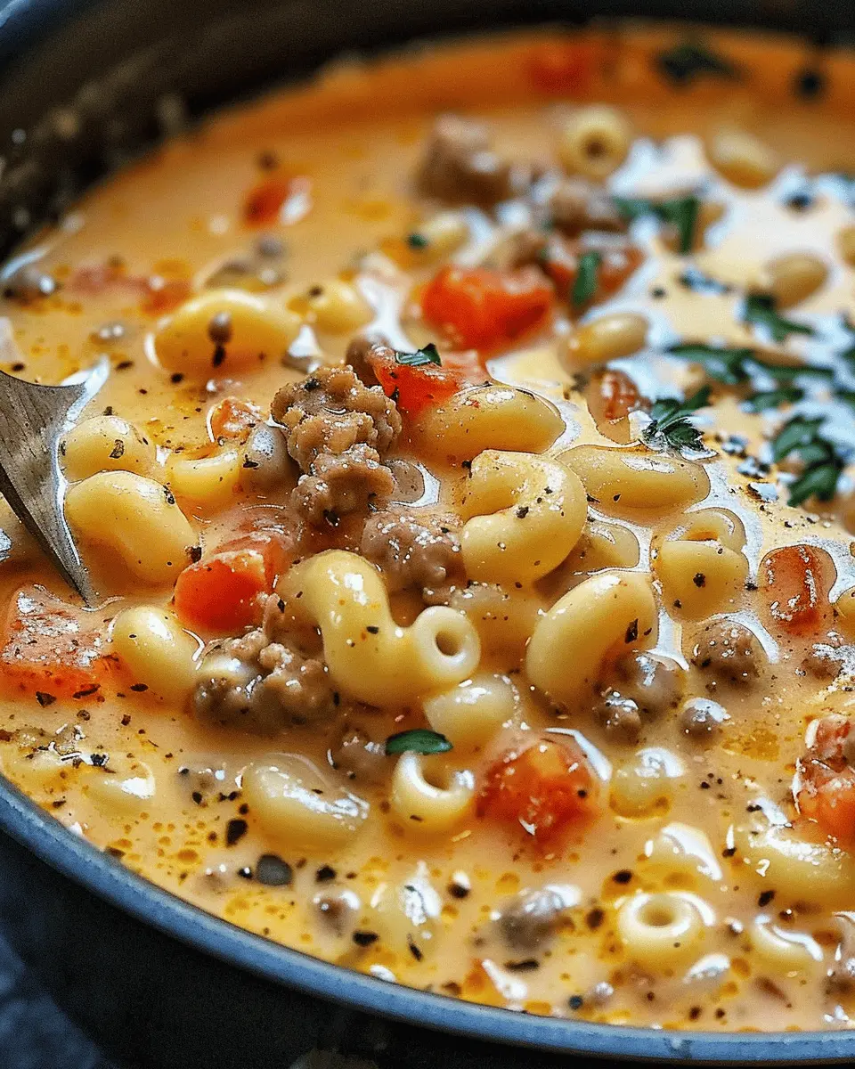 easy soup recipes: Indulgent One-Pot Macaroni Cheeseburger Soup with Turkey Bacon and Chicken Ham