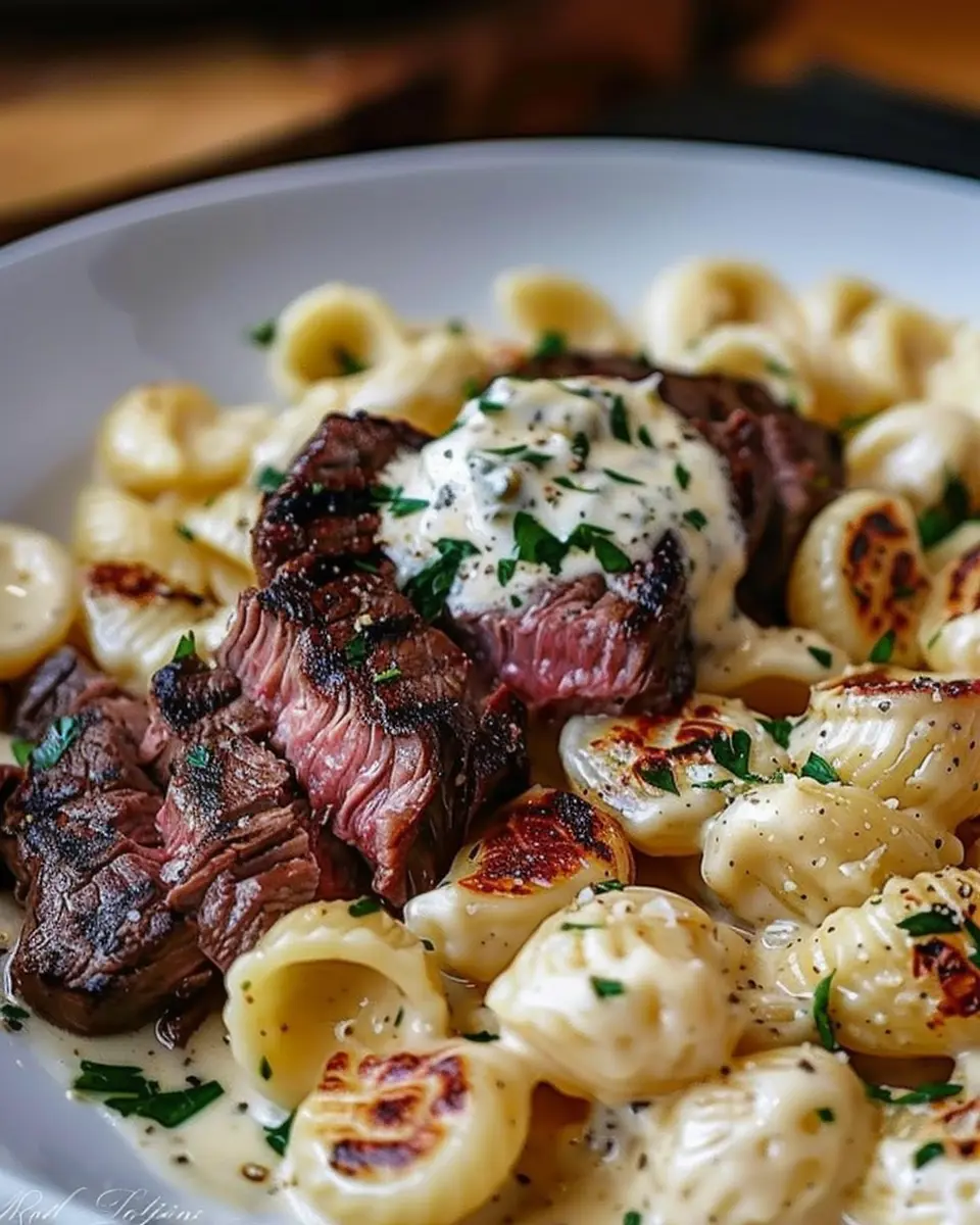 Steak Bites and Shell Pasta in Creamy Garlic Butter Alfredo Sauce