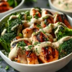 Grilled Chicken & Broccoli Bowls with Creamy Garlic Sauce