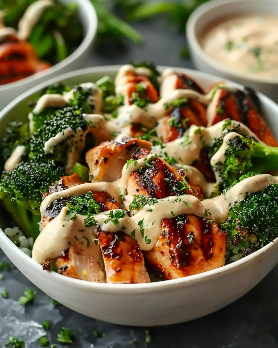Grilled Chicken Broccoli Bowls: Easy Recipe with Creamy Garlic Sauce